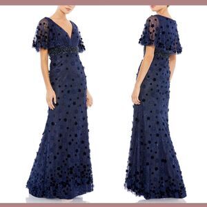 NEW Mac Duggal [‎ 8 ] 67712 Cape Flutter Sleeve Appliqué Floral Gown Blue